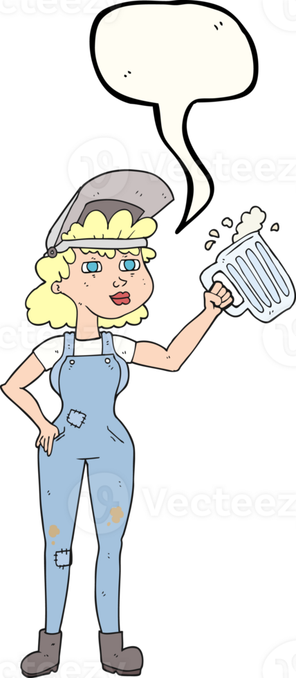 hand drawn speech bubble cartoon hard working woman with beer png