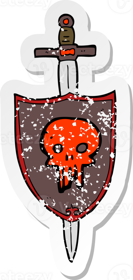 retro distressed sticker of a cartoon heraldic shield with skull png