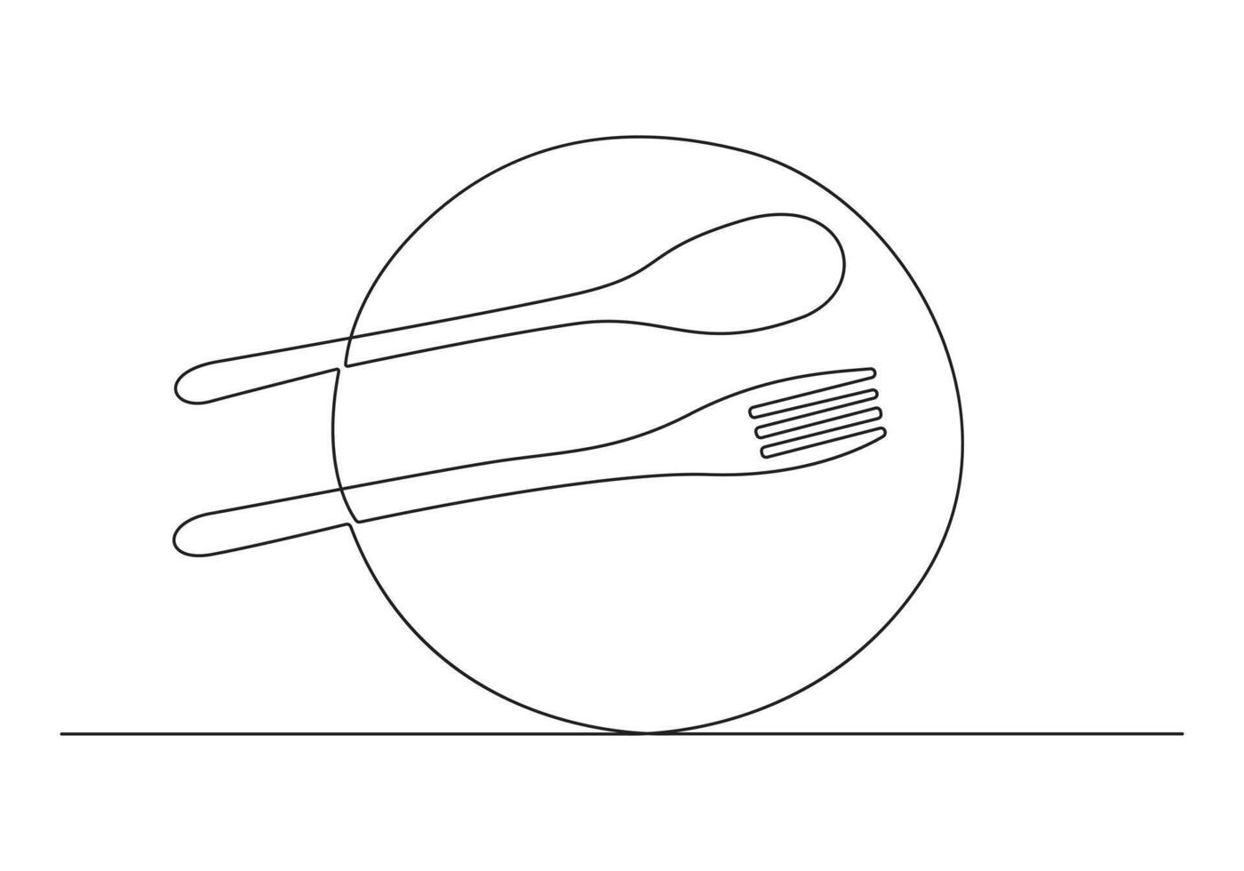 Continuous single line drawing cutlery, cooking utensils. Fork, Knife and plate white background pro illustration vector