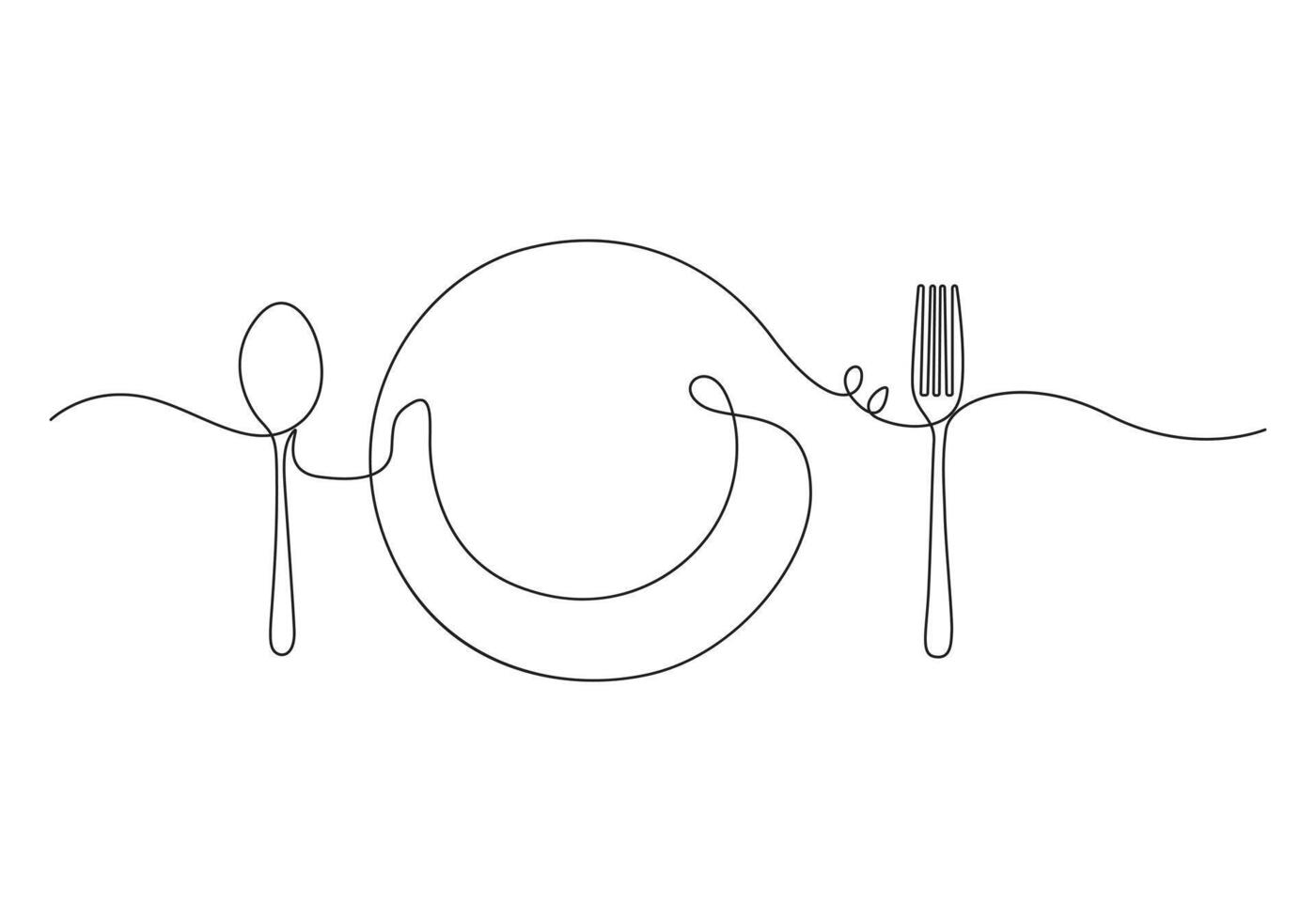 Continuous single line drawing cutlery, cooking utensils. Fork, Knife and plate white background pro illustration vector