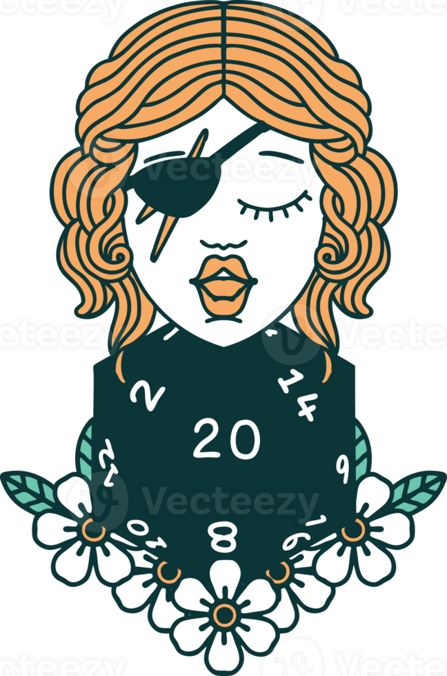 Retro Tattoo Style human rogue with natural twenty dice roll png
