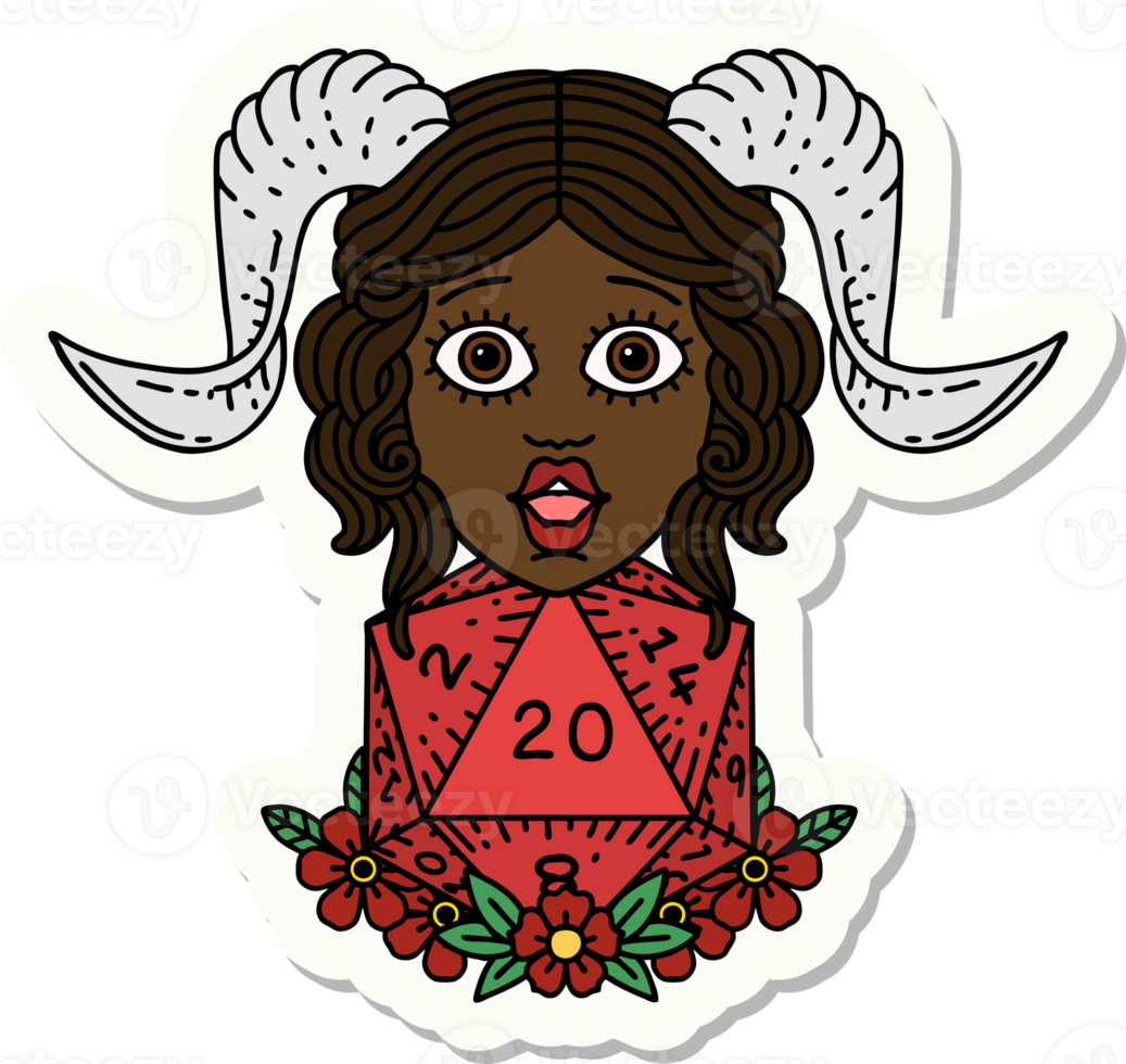 sticker of a tiefling with D20 natural twenty dice roll png