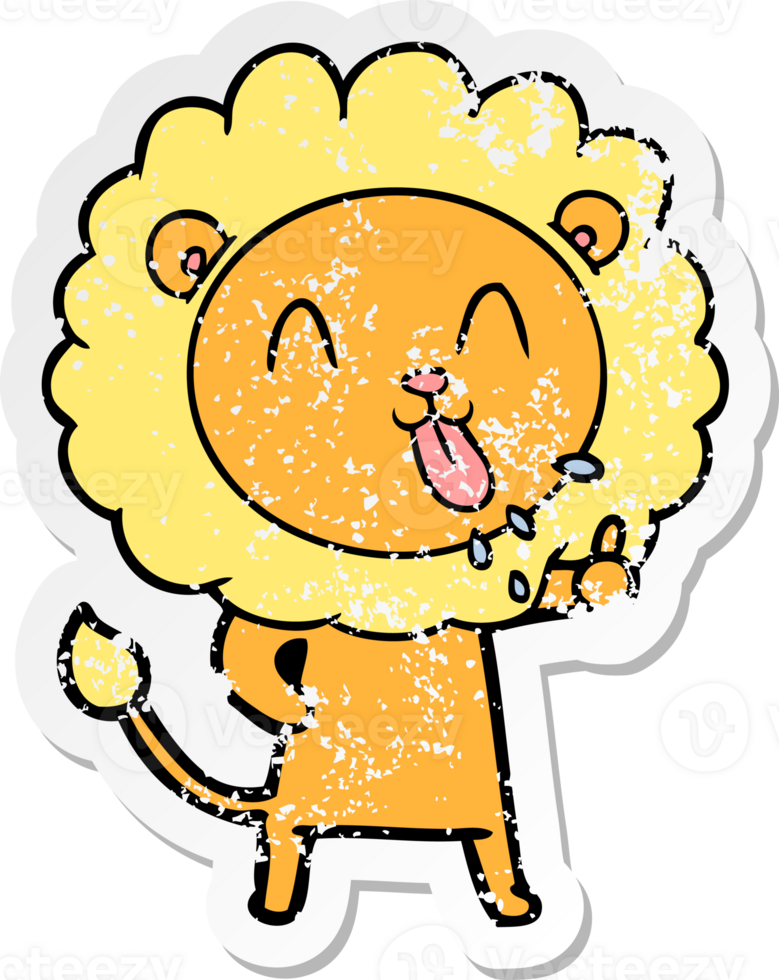 distressed sticker of a happy cartoon lion png