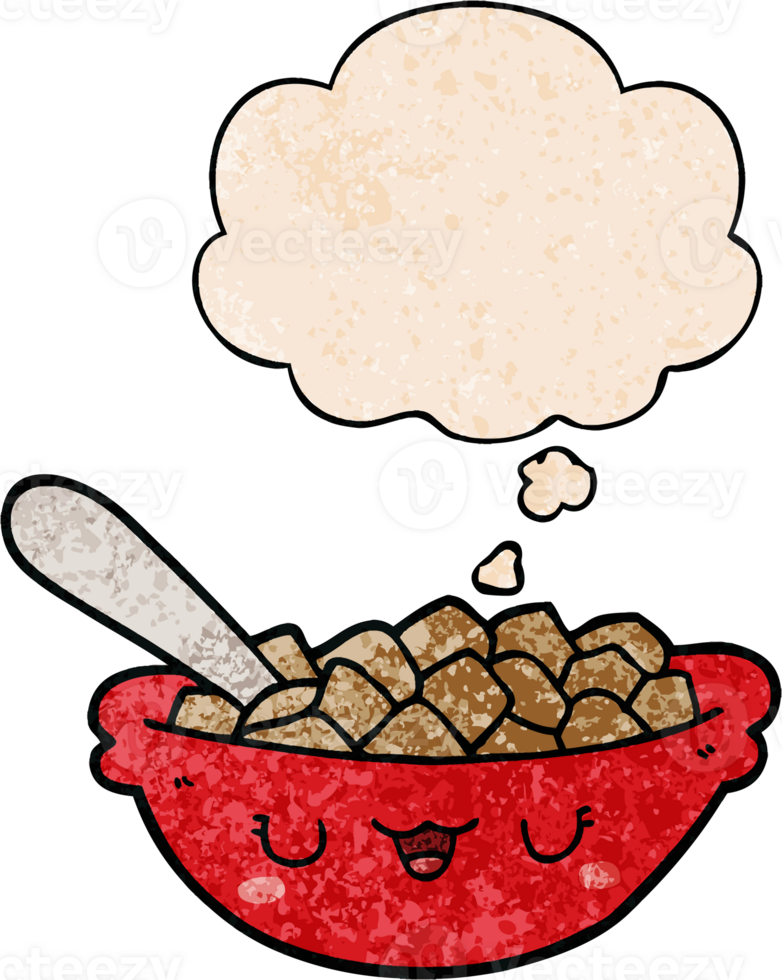 cute cartoon bowl of cereal with thought bubble in grunge texture style png