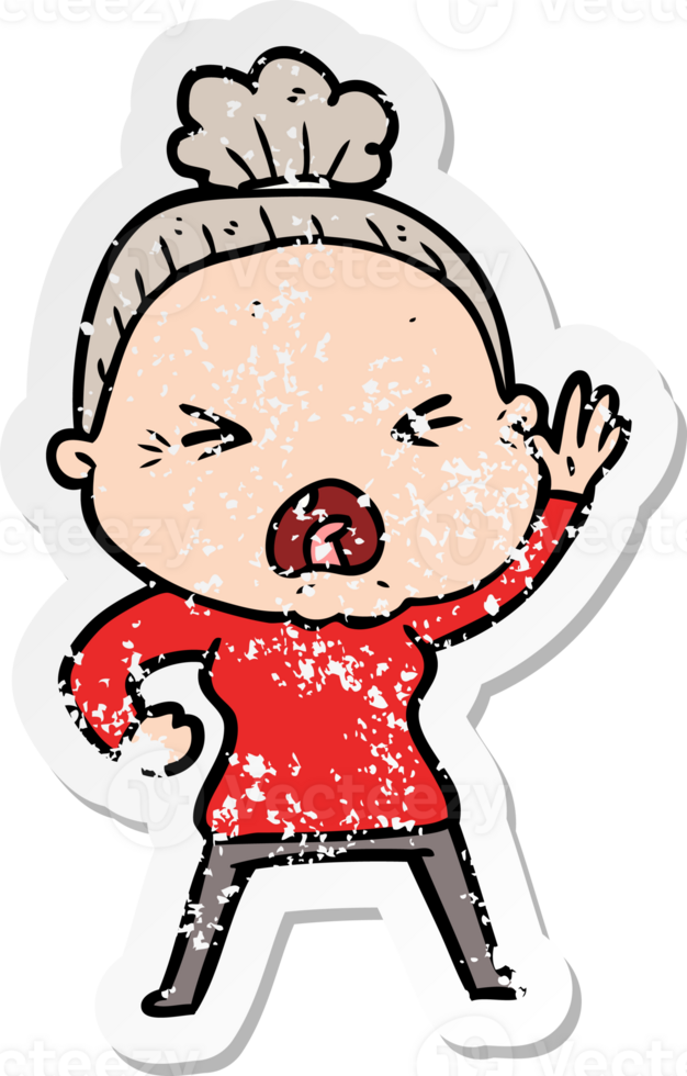 distressed sticker of a cartoon angry old woman png