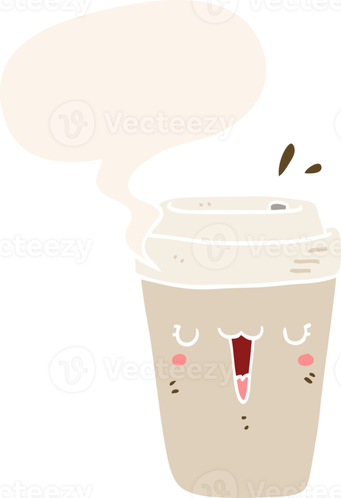 cartoon coffee cup with speech bubble in retro style png