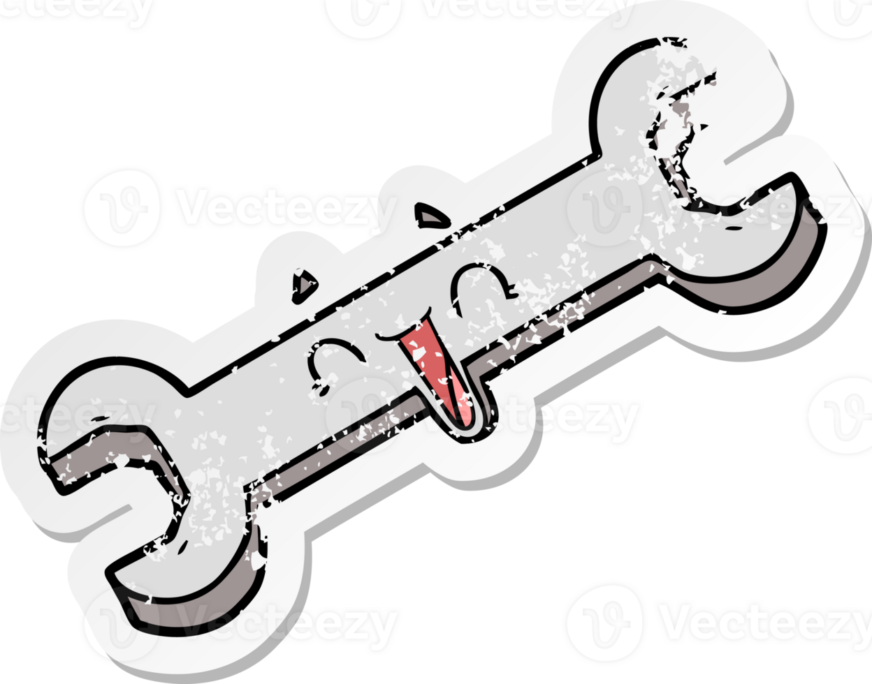 distressed sticker of a cartoon laughing spanner png