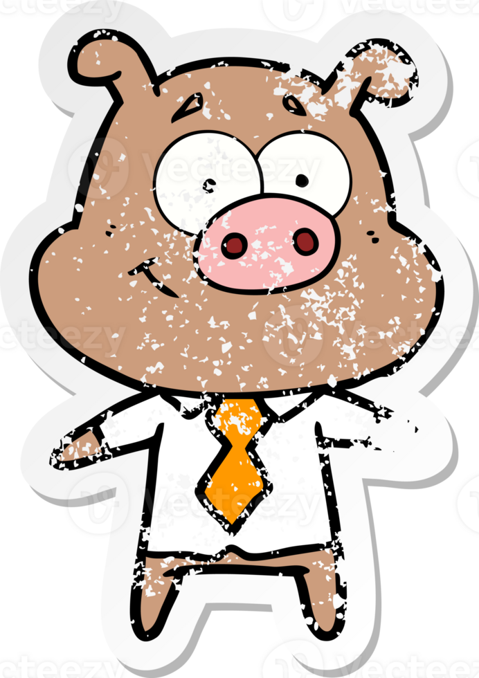 distressed sticker of a happy cartoon pig boss png