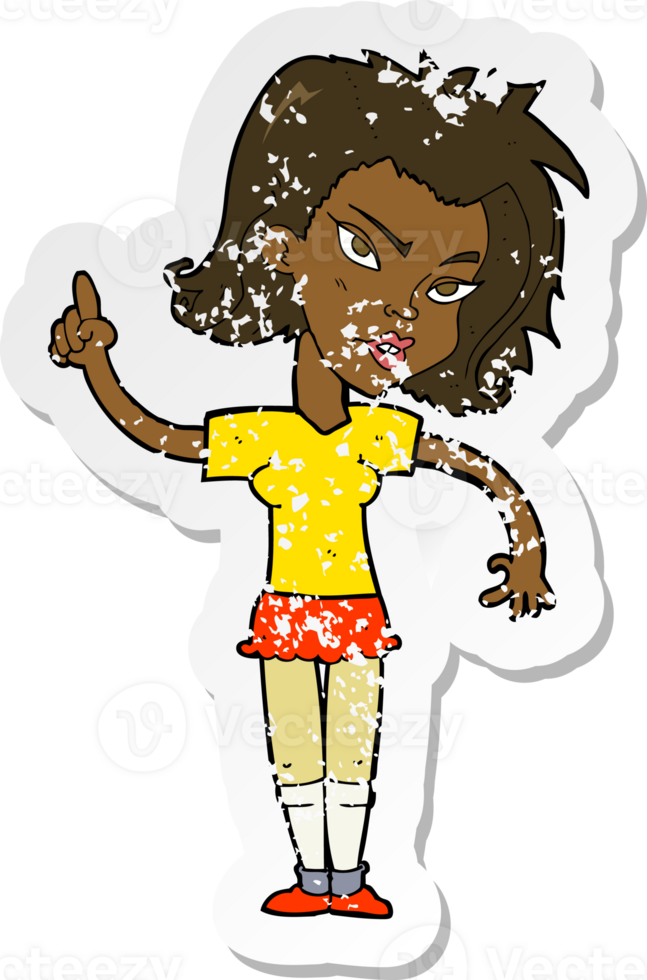 retro distressed sticker of a cartoon woman with idea png