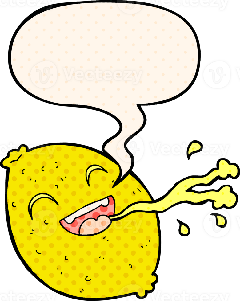 cartoon squirting lemon with speech bubble in comic book style png