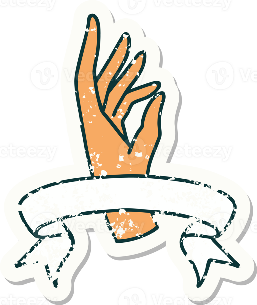 worn old sticker with banner of a hand png