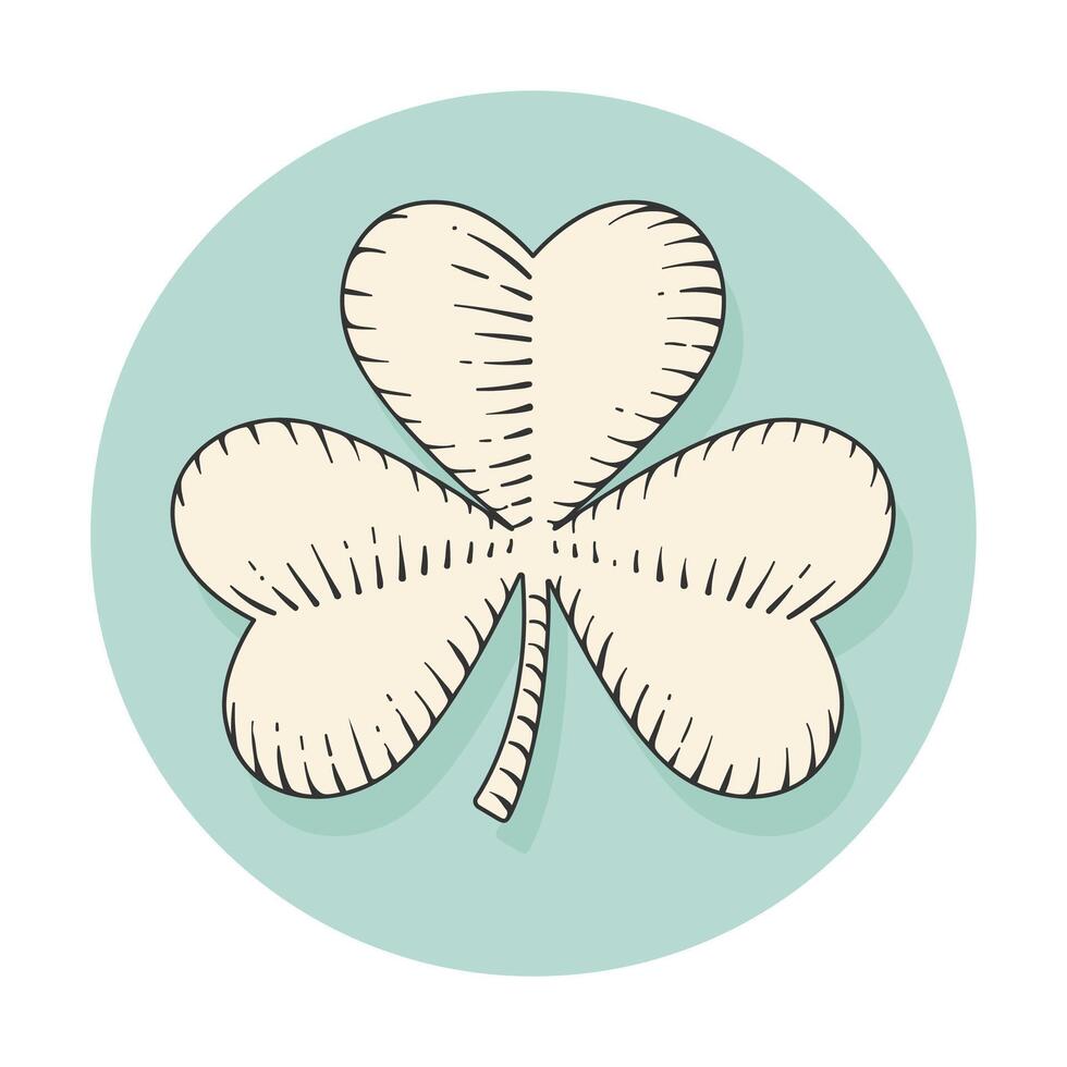 Icon clover for st. Patrick Day in engraving style. Symbol isolated on a turquoise circle background. Hand drawn design and element. Illustration. vector