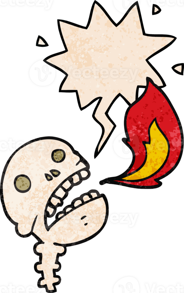 cartoon spooky halloween skull with speech bubble in retro texture style png
