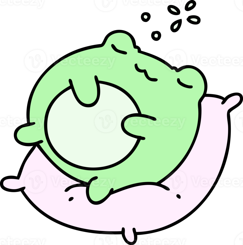 cartoon of a cute frog sleeping on a pillow png