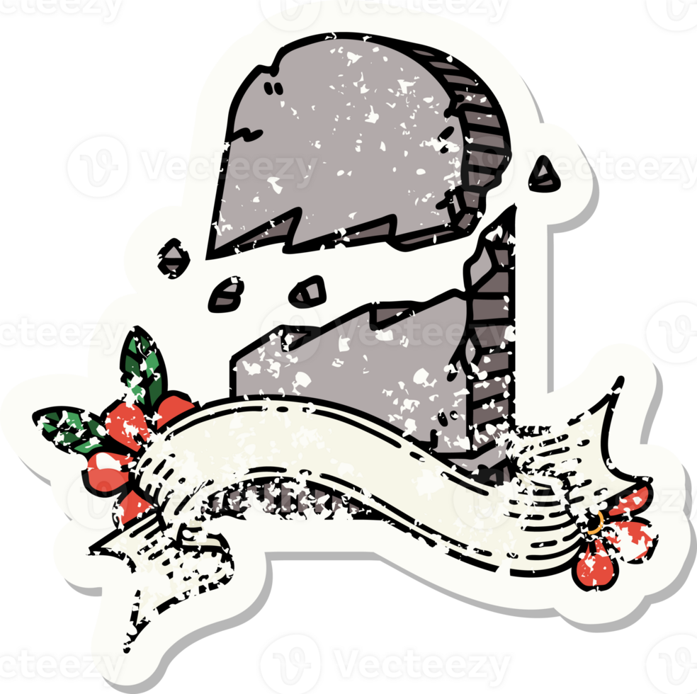 worn old sticker with banner of a broken grave stone png