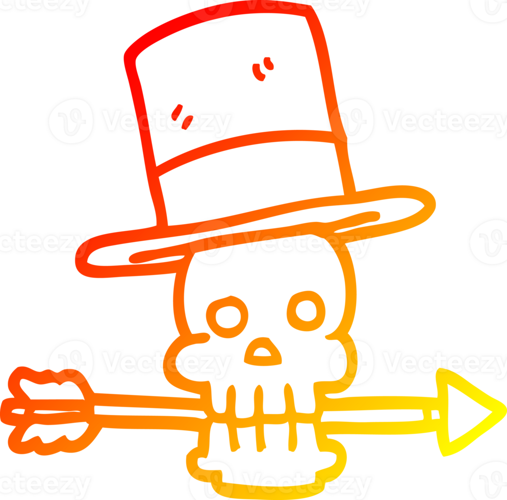 warm gradient line drawing of a cartoon skull with top hat and arrow png