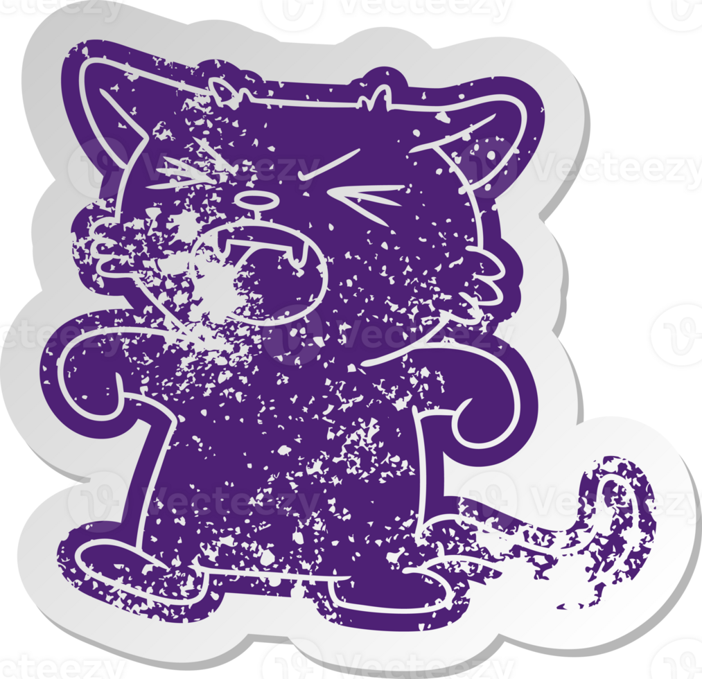 distressed old cartoon sticker of a screeching cat png