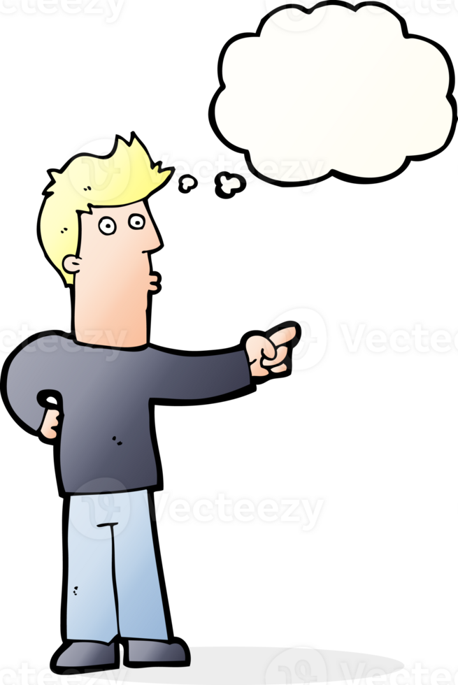 cartoon curious man pointing with thought bubble png