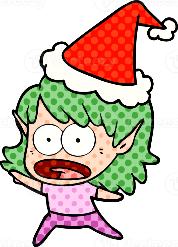 hand drawn comic book style illustration of a shocked elf girl wearing santa hat png