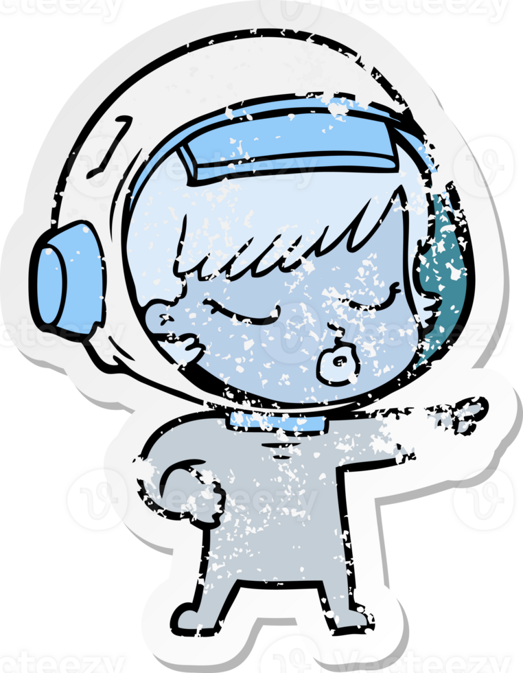 distressed sticker of a cartoon pretty astronaut girl pointing png
