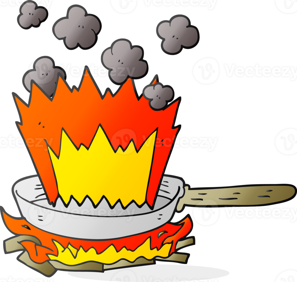 hand drawn cartoon frying pan on fire png