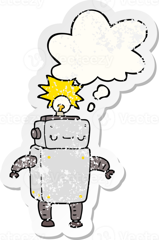cartoon robot with thought bubble as a distressed worn sticker png