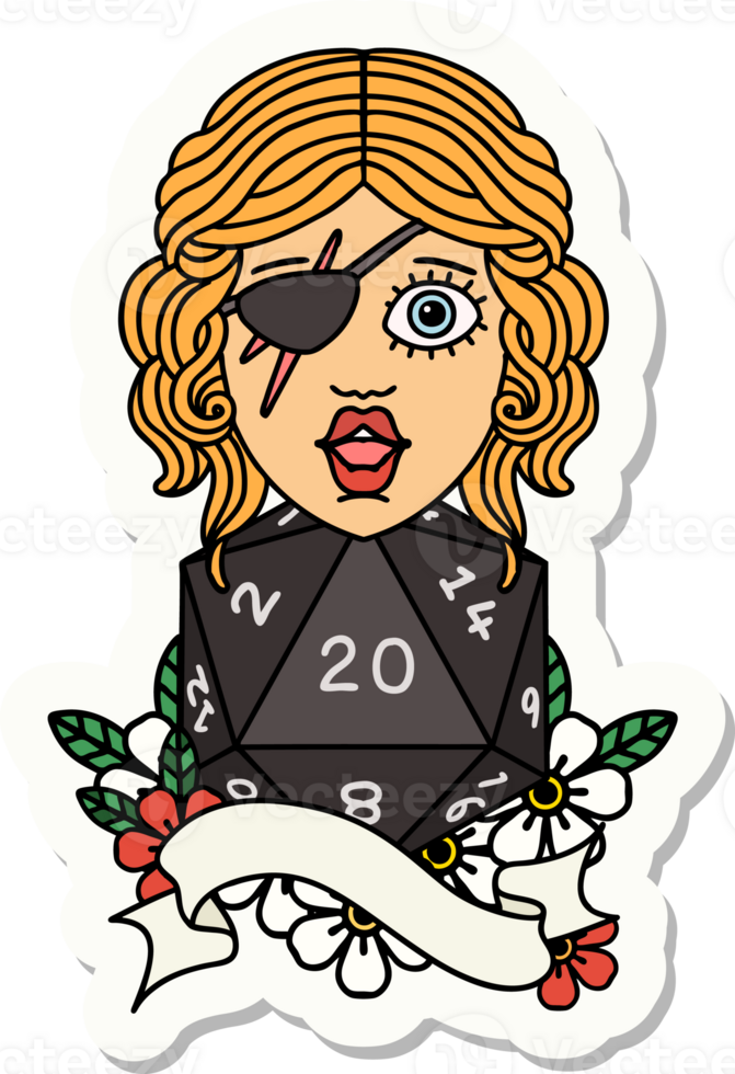 sticker of a human rogue with natural 20 dice roll png