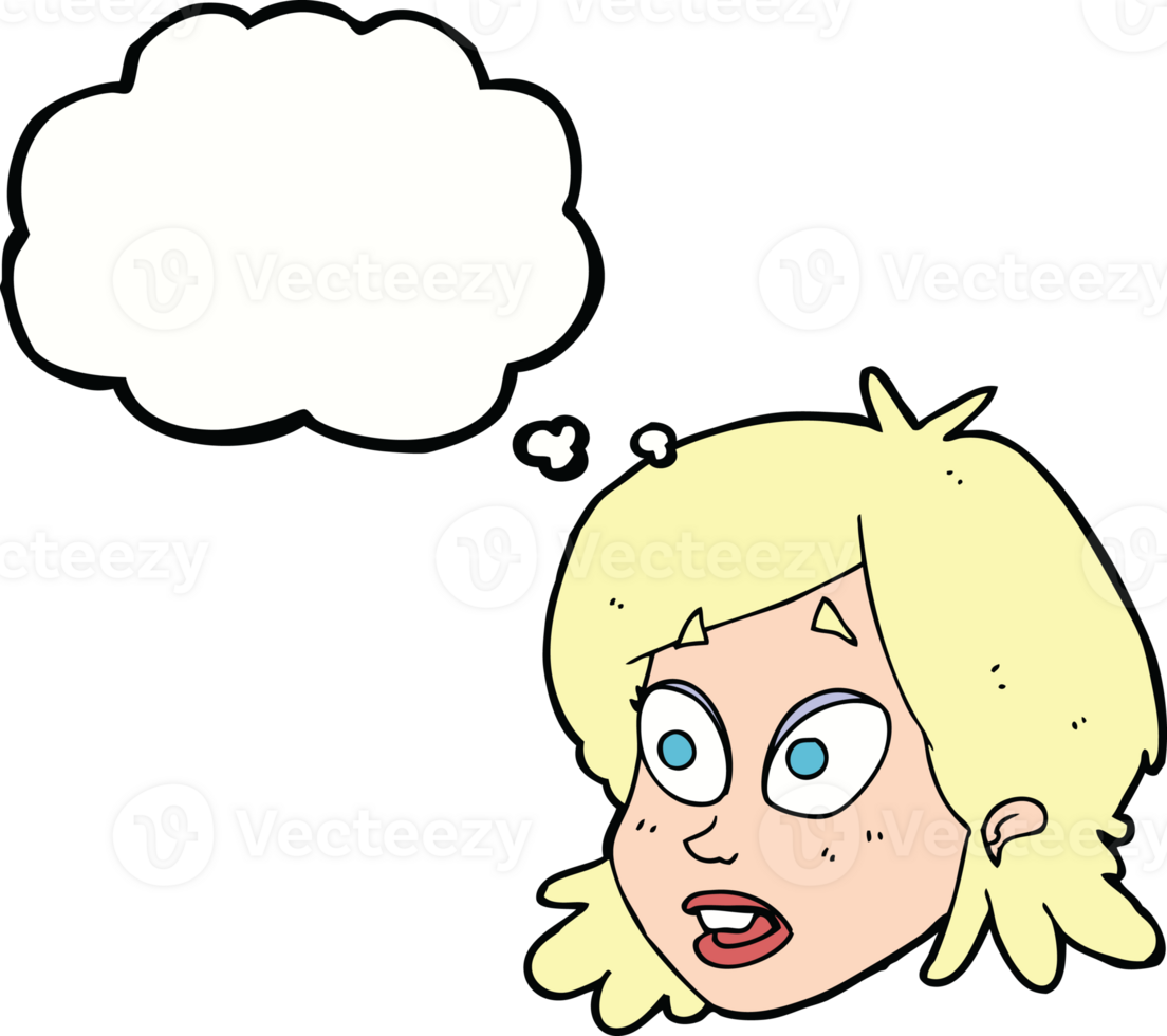 cartoon female face with surprised expression with thought bubble png