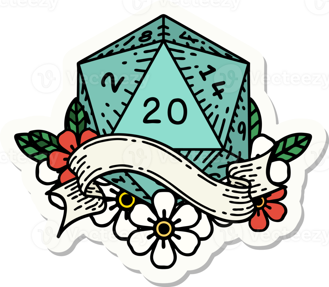 sticker of a natural twenty D20 dice roll png