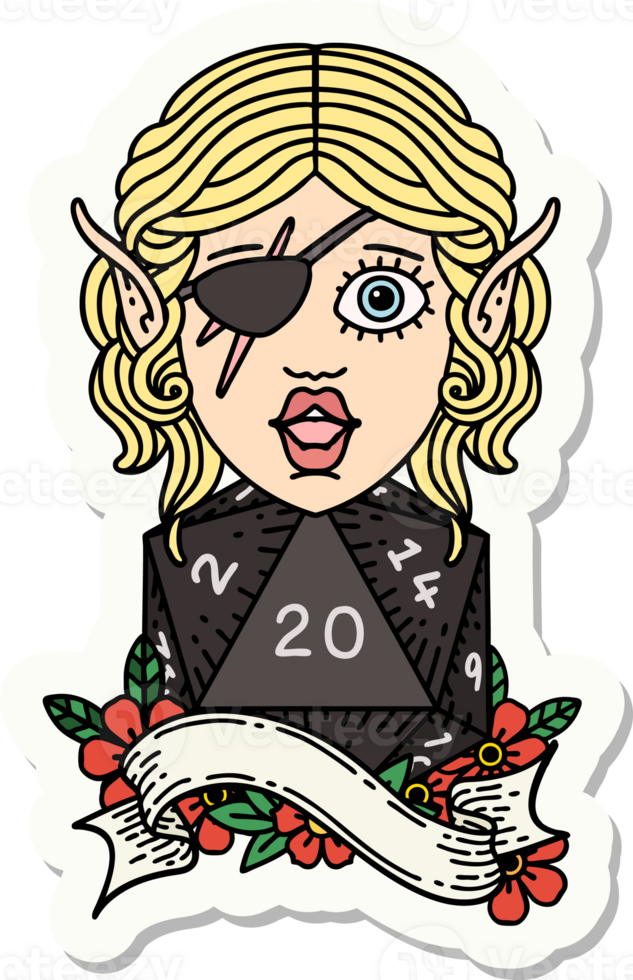 sticker of a elf rogue with natural twenty dice roll png