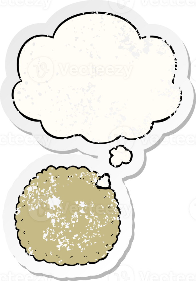cartoon biscuit with thought bubble as a distressed worn sticker png