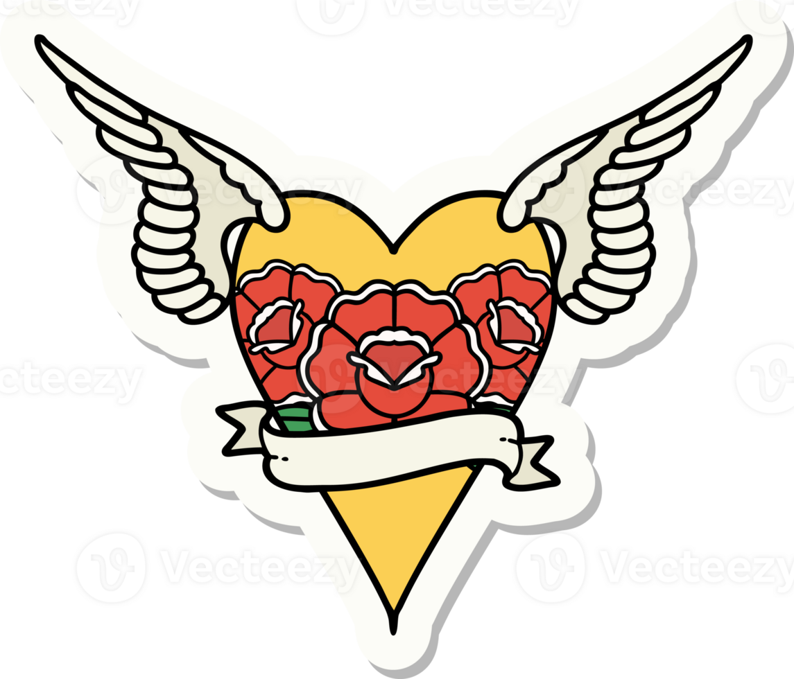 sticker of tattoo in traditional style of a flying heart with flowers and banner png