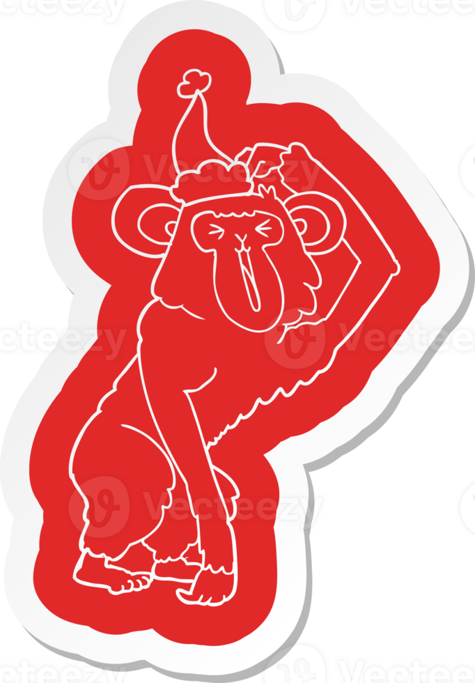 quirky cartoon  sticker of a chimp scratching head wearing santa hat png