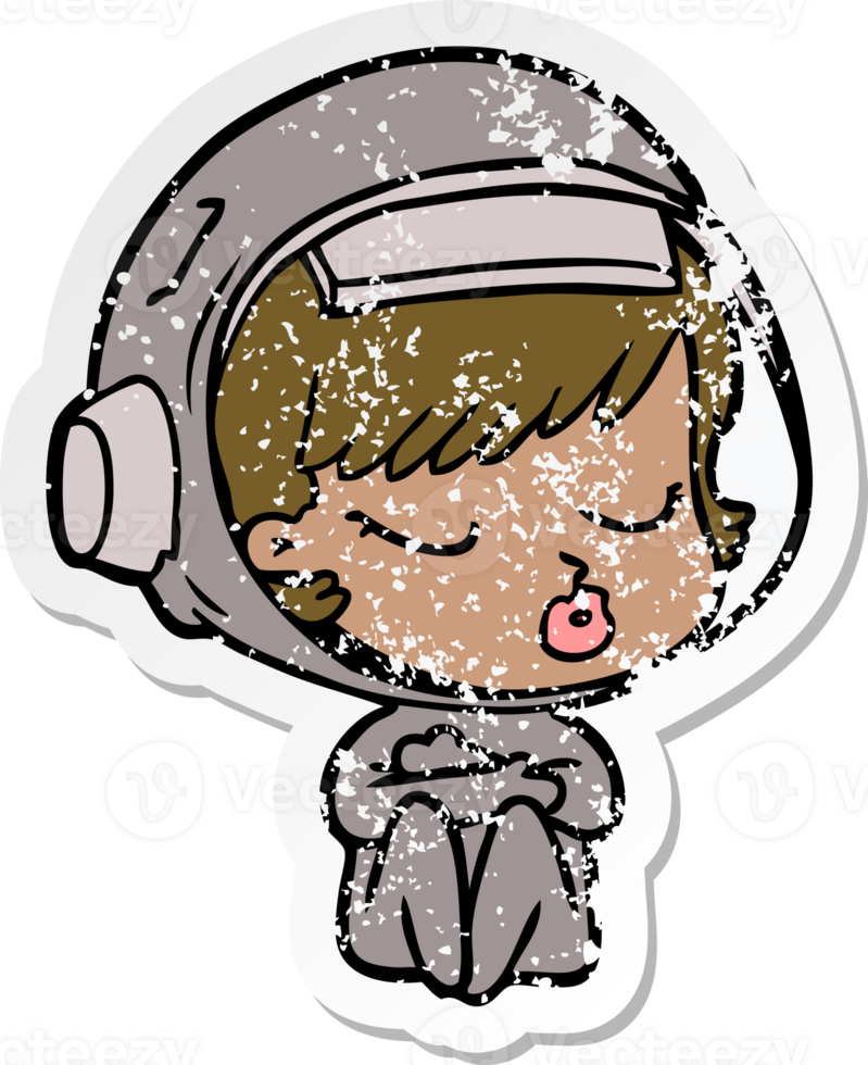 distressed sticker of a cartoon pretty astronaut girl png