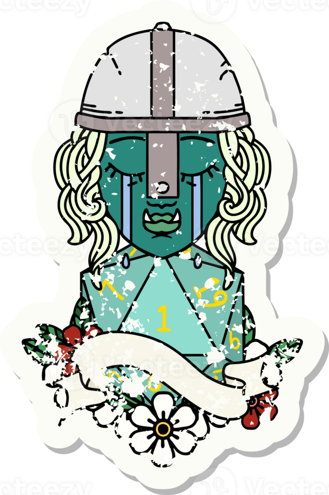 Retro Tattoo Style crying orc fighter character face with natural one d20 roll png