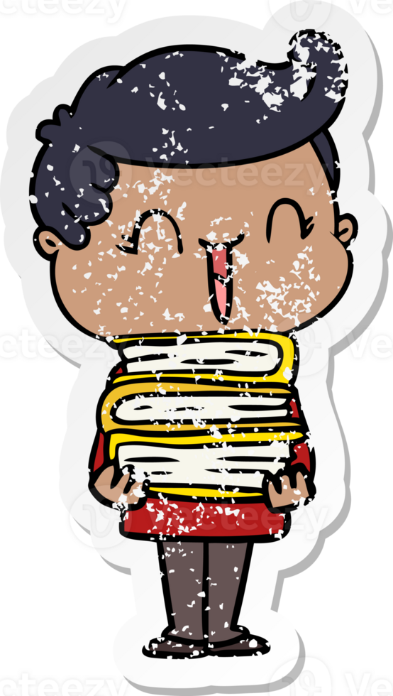 distressed sticker of a cartoon laughing boy carrying books png