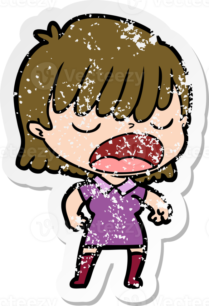 distressed sticker of a cartoon woman talking loudly png