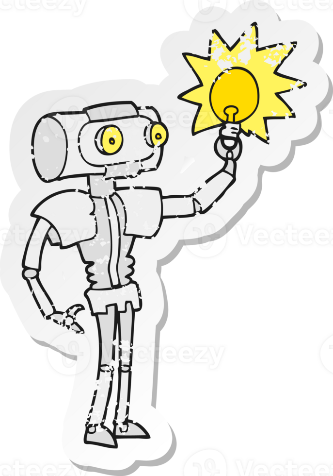retro distressed sticker of a cartoon robot with light bulb png