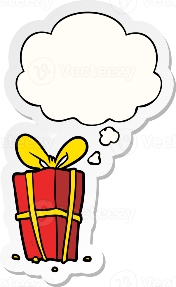 cartoon xmas present with thought bubble as a printed sticker png