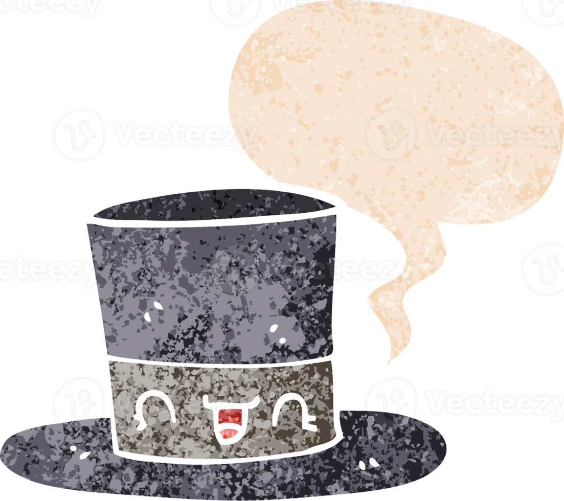 cartoon top hat with speech bubble in grunge distressed retro textured style png