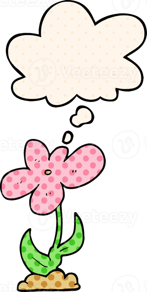 cartoon flower with thought bubble in comic book style png