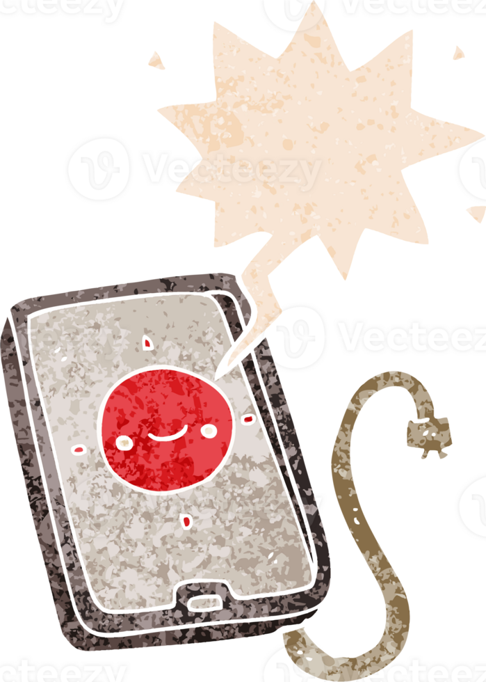 cartoon mobile phone device with speech bubble in grunge distressed retro textured style png