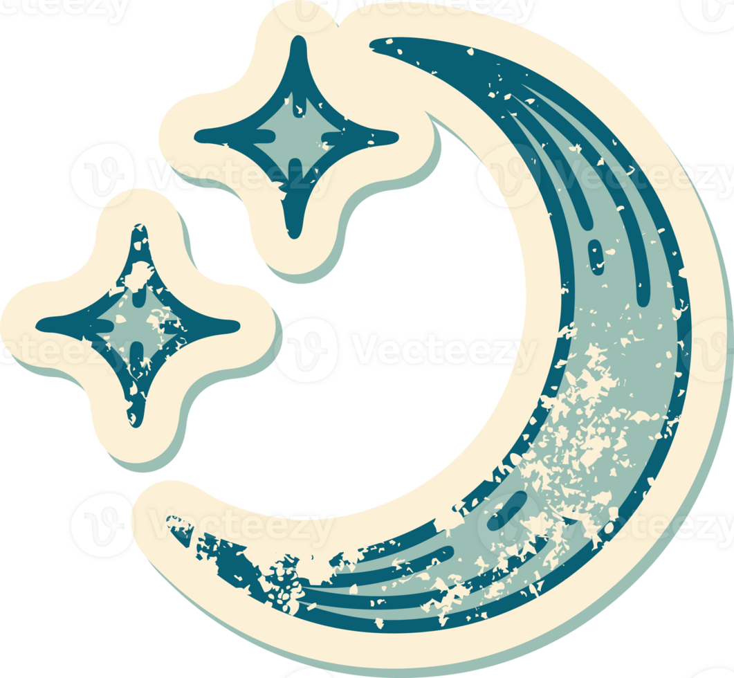 iconic distressed sticker tattoo style image of a moon and stars png