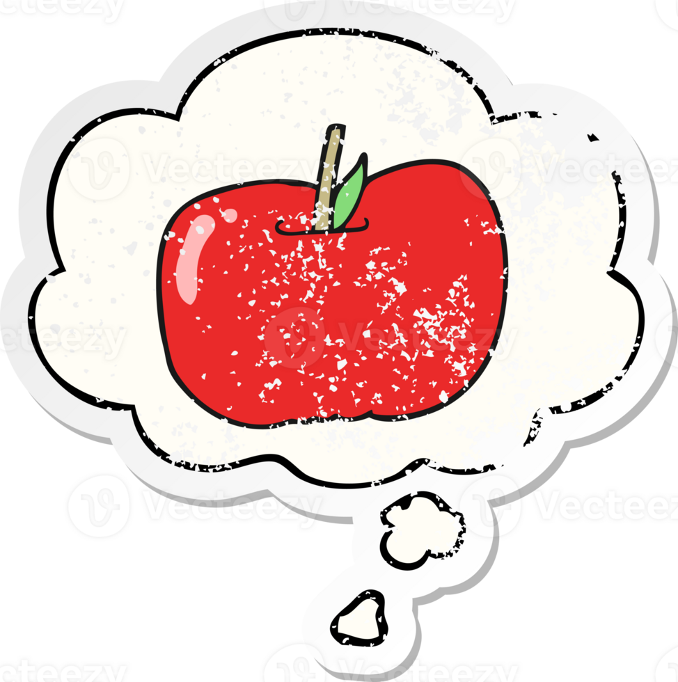 cartoon apple with thought bubble as a distressed worn sticker png