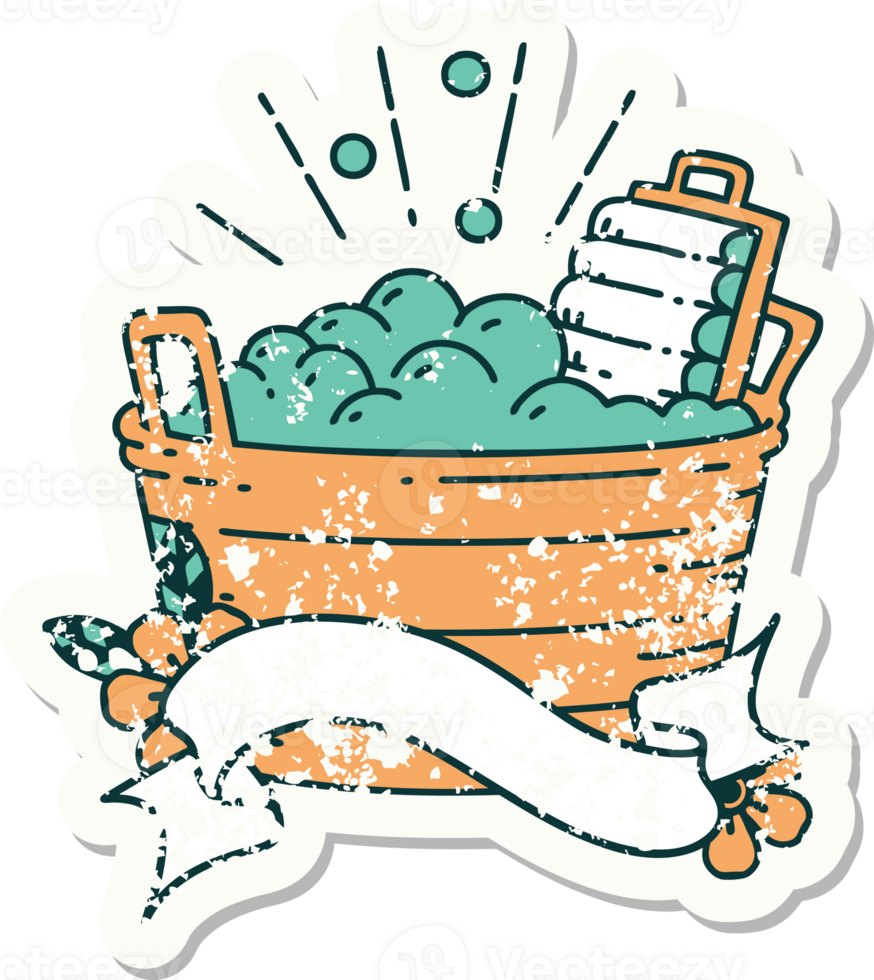 worn old sticker of a tattoo style old washboard and scrubbing bowl png