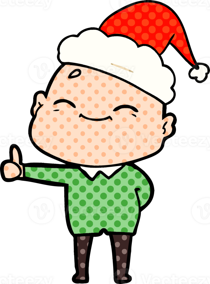 happy hand drawn comic book style illustration of a bald man wearing santa hat png