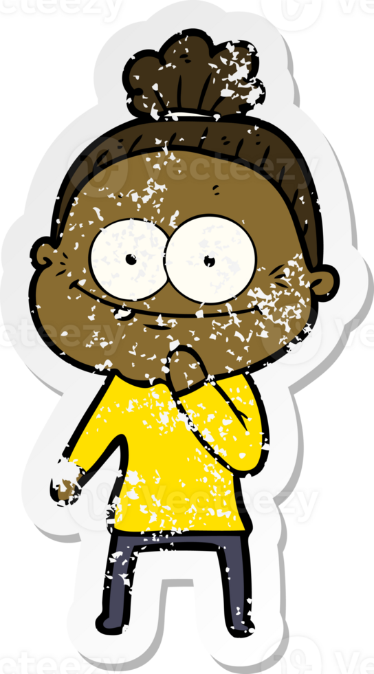 distressed sticker of a cartoon happy old woman png
