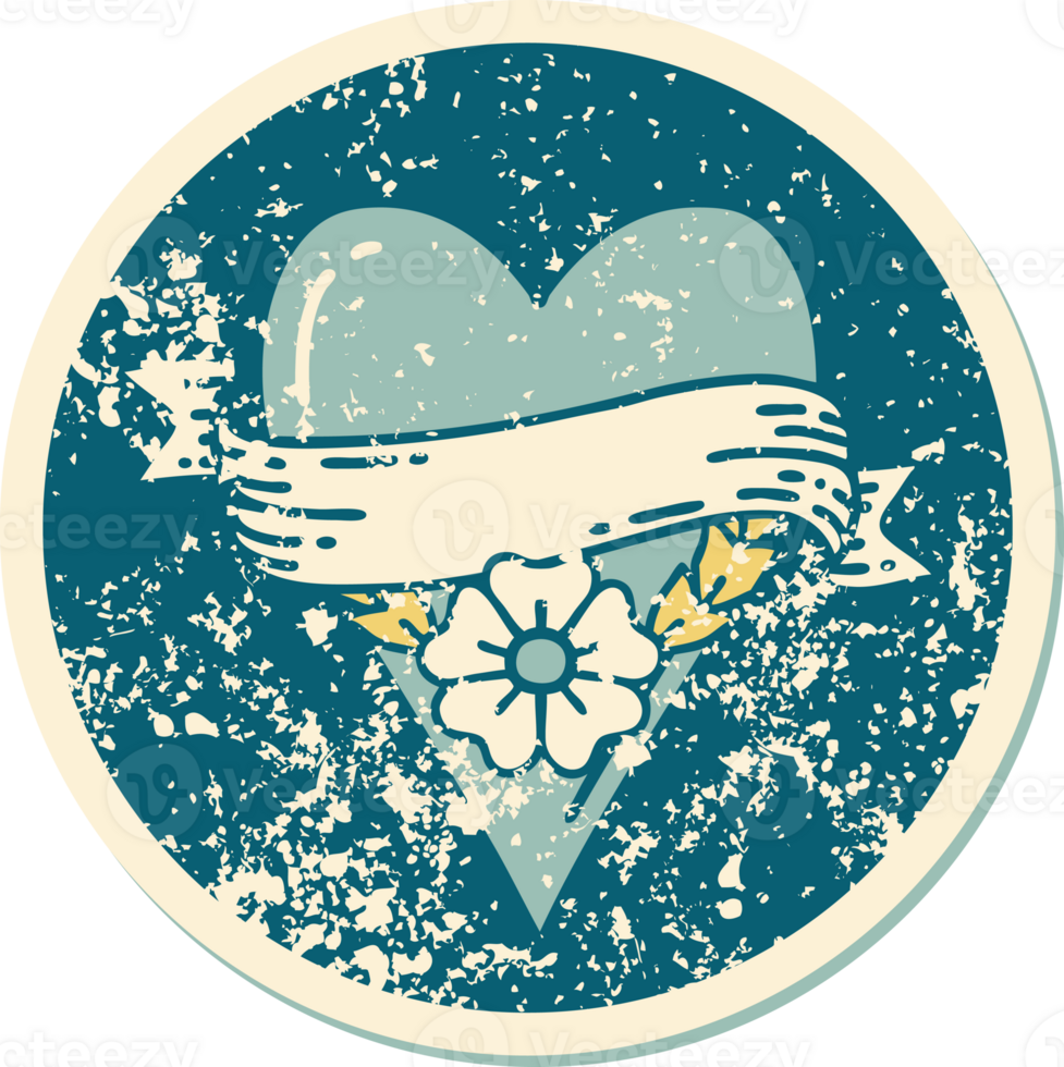 iconic distressed sticker tattoo style image of a heart flower and banner png