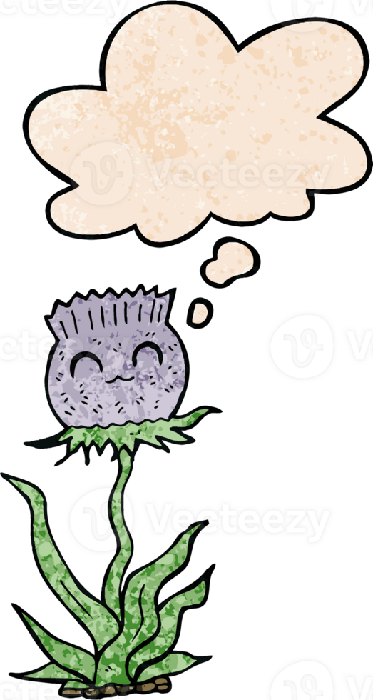 cartoon thistle with thought bubble in grunge texture style png