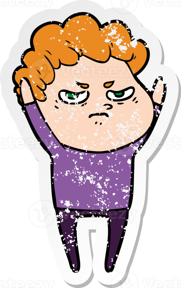 distressed sticker of a cartoon angry man png